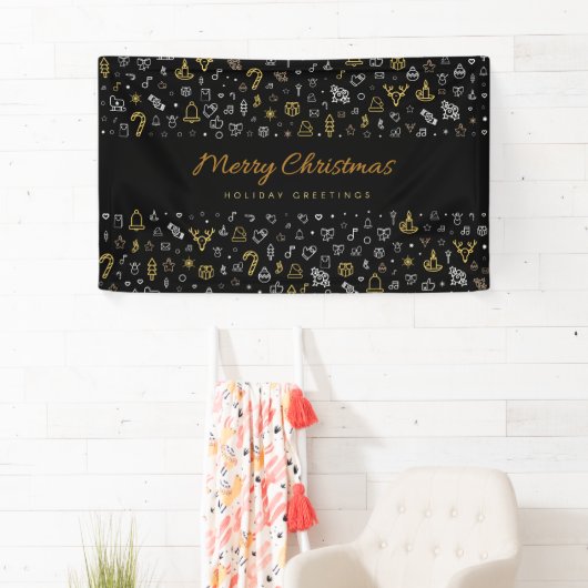 Moderne prettige kerstzwarte en gouden pictogramme spandoek (Insitu)