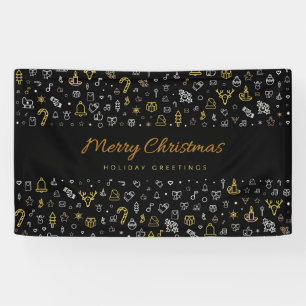Moderne prettige kerstzwarte en gouden pictogramme spandoek