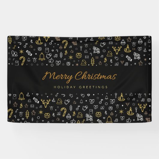 Moderne prettige kerstzwarte en gouden pictogramme spandoek (Horizontaal)