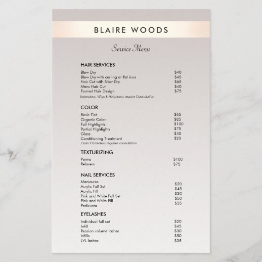 Moderne Prijslijst Menu Haarstudio Gold Stripe (Voorkant)