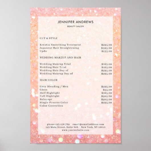 Moderne prijslijst peach glitter Salon Poster (Voorkant)