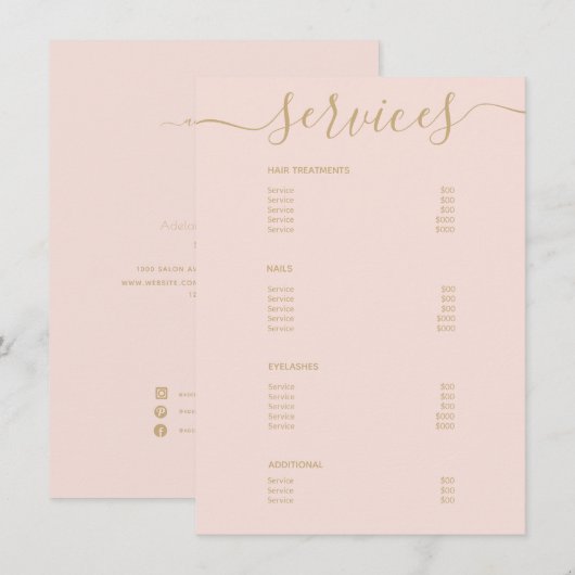 Moderne prijslijst voor bruinkroze bruinkzalf met  menu (Voorkant / Achterkant)