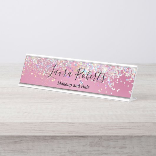 Moderne professionele Blush Pink Sparkle Glitter D Bureau Naambordje (Voorkant)