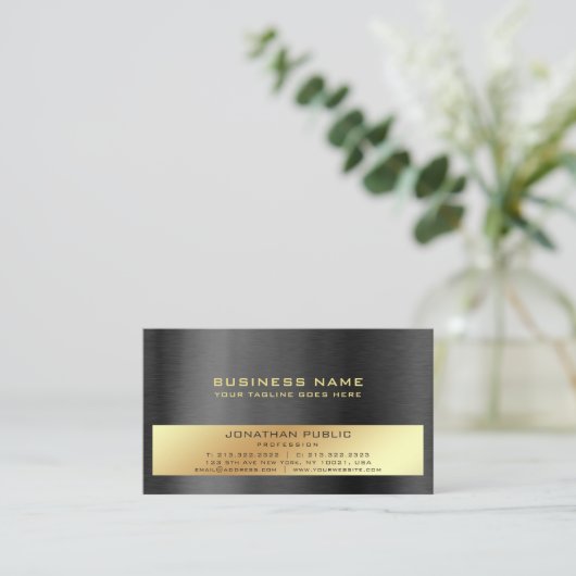 Moderne, professionele, elegante zwarte goudplatte visitekaartje (Staand voorkant)