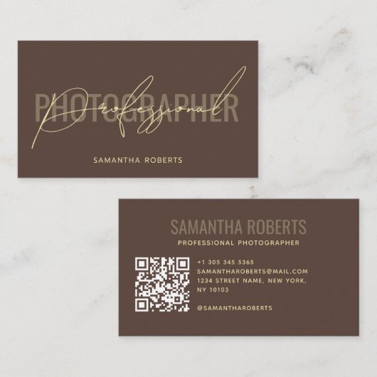 Moderne professionele fotograaf QR-code bruin Visitekaartje (Voorkant / Achterkant)