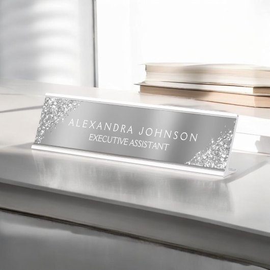 Moderne Professionele Luxe Zilveren Sparkle Glitte Bureau Naambordje