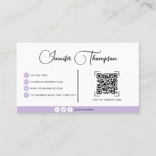 Moderne Professionele Paarse Manuscript QR Code Visitekaartje (Achterkant)