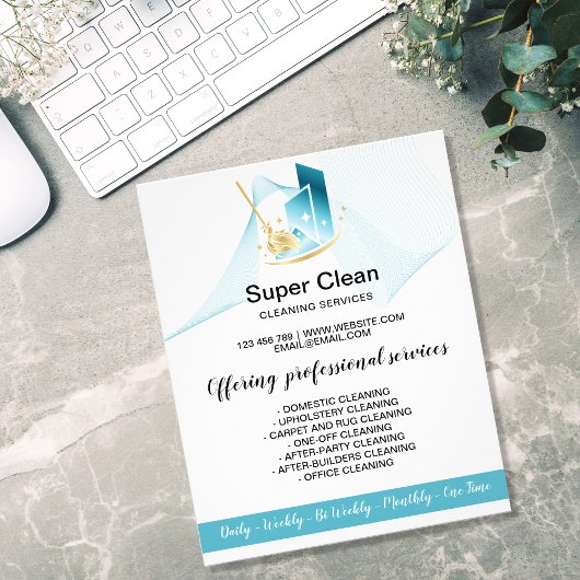 Moderne professionele poetsvrouw reinigt commercie flyer