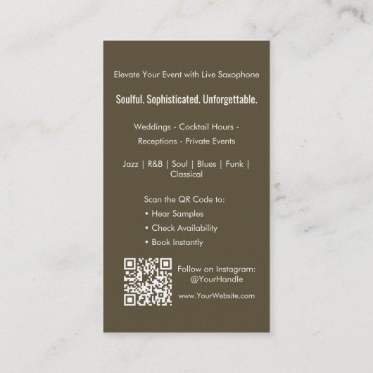 Moderne professionele saxofonist QR-code Visitekaartje (Achterkant)