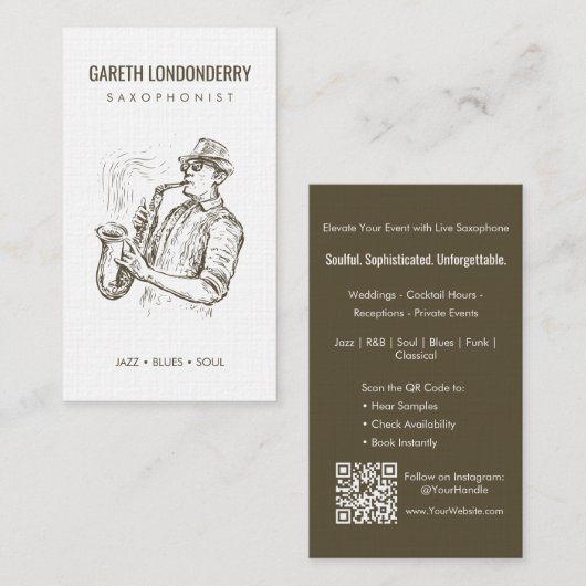 Moderne professionele saxofonist QR-code Visitekaartje (Voorkant / Achterkant)