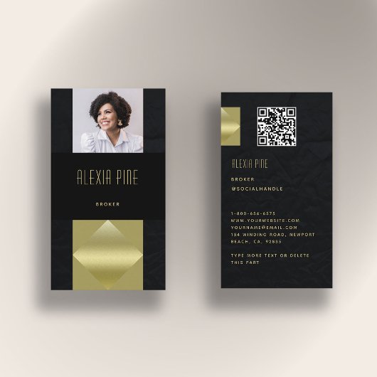 Moderne Professionele Slanke Zwart Gouden Foto QR  Visitekaartje