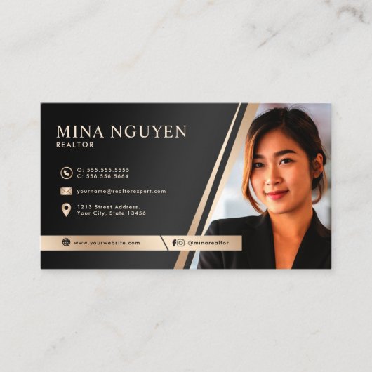 Moderne Professionele Zwart & Beige Realtor Foto Visitekaartje (Voorkant)