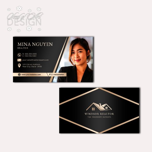 Moderne Professionele Zwart & Beige Realtor Foto Visitekaartje