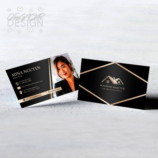 Moderne Professionele Zwart & Beige Realtor Foto Visitekaartje
