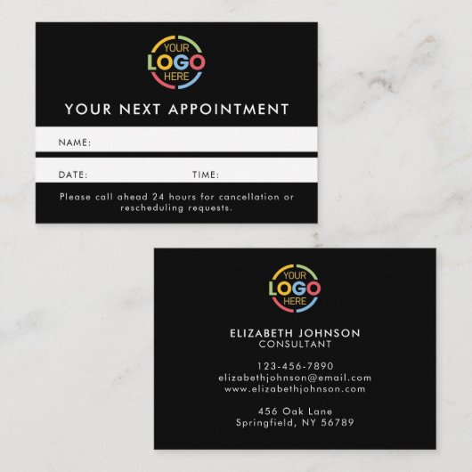 Moderne professionele zwart-wit eenvoudige herinne afsprakenkaartje (Voorkant / Achterkant)