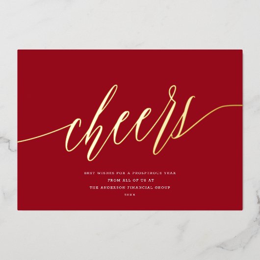 Moderne proost niet-foto bedrijf diep rood goud folie feestdagenkaart (Voorkant)