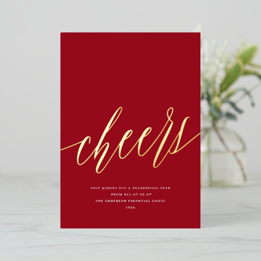 Moderne proost niet-foto zakelijke rode kerst folie feestdagenkaart (Staand Voorkant)