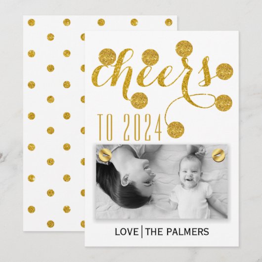 Moderne proost op 2024 gouden glitter Nieuwjaar fo Feestdagenkaart (Voorkant / Achterkant)