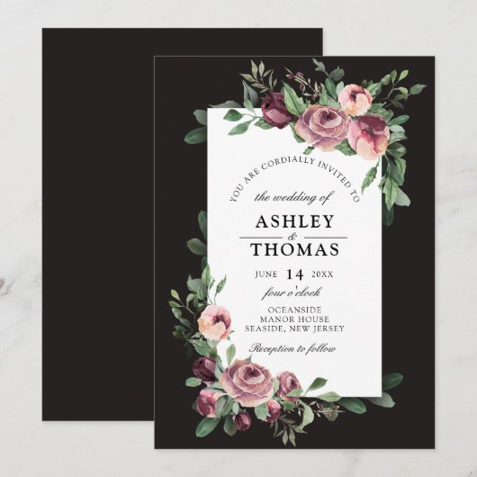 Moderne pruim bloemengroen Waterverf bruiloft Kaart (Voorkant / Achterkant)