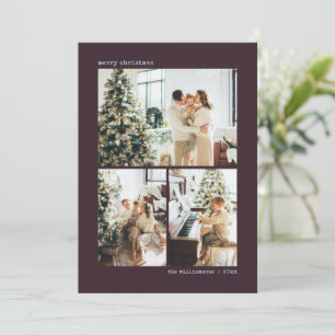 Moderne pruim minimalistische kerst met drie foto' feestdagenkaart