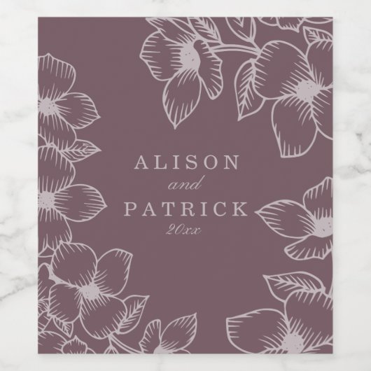 Moderne pruim Paarse bloemen Wijn Etiket (Enkel label)