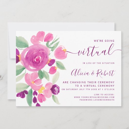 Moderne pruim paarse waterverf virtuele bruiloft kaart (Voorkant)