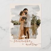 Moderne pushlijnscript 2 foto's bruiloft folie uitnodiging (Voorkant)