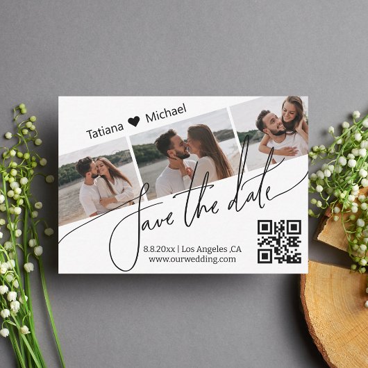 moderne QR-code 3 foto save the date uitnodiging