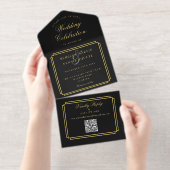 Moderne QR-code Art Deco monogram bruiloftsfolie All In One Uitnodiging (Uittrekbaar)