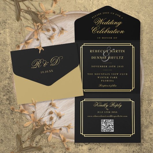 Moderne QR-code Art Deco monogram bruiloftsfolie All In One Uitnodiging