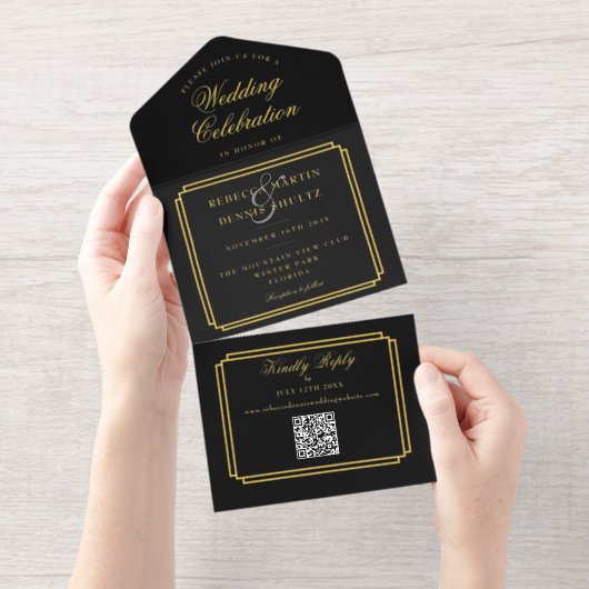 Moderne QR Code Art Deco Monogram Huwelijk Folie All In One Uitnodiging (Uittrekbaar)