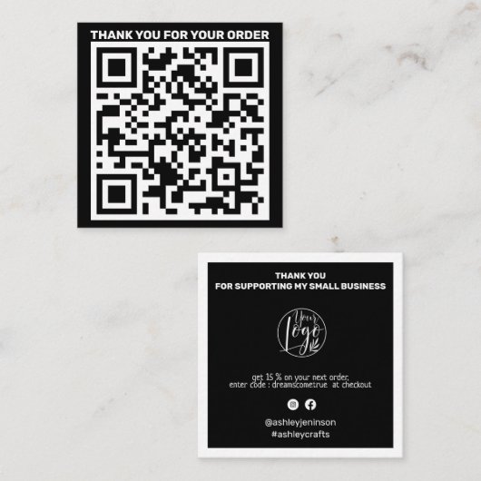 Moderne QR-code bedankt dat u zwart wit bestelt Vierkante Visitekaartje (Voorkant / Achterkant)