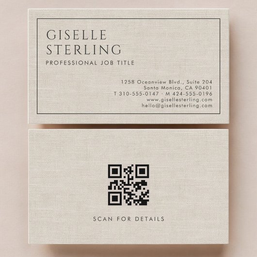 Moderne QR-code Beige Linnen Zakelijk Luxe  Visitekaartje