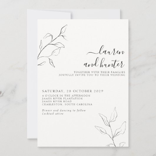 Moderne QR Code Black White Botanical Wedding Kaart (Voorkant)