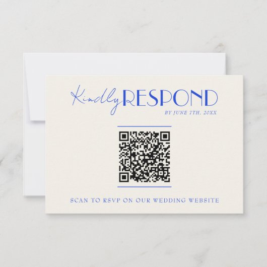 Moderne QR Code Blauw Retro Frans Whimsical Bruilo RSVP Kaartje (Voorkant)