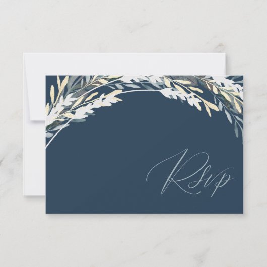 Moderne QR-code blauw & zilver blad RSVP bruiloft Kaartje (Voorkant)