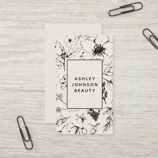 Moderne QR Code Botanische Blush en Zwart Visitekaartje (Voorkant / Achterkant in situ)