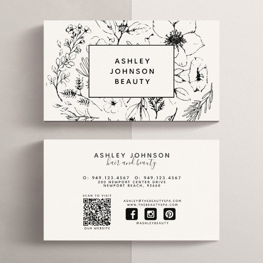 Moderne QR Code Botanische Blush Zwart Social Medi Visitekaartje