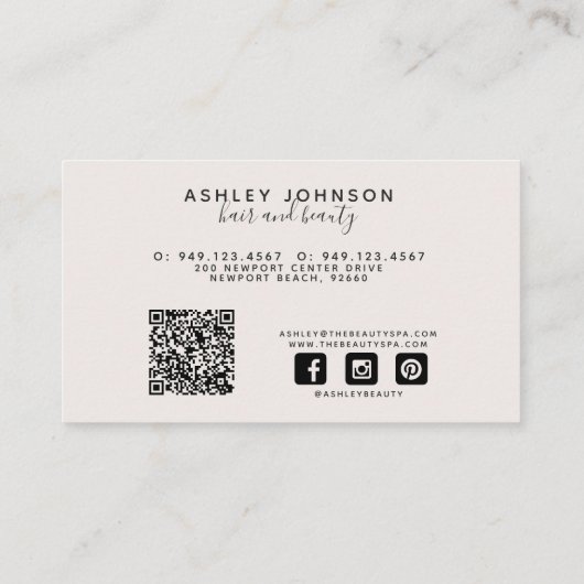 Moderne QR Code Botanische Blush & Zwarte Naam Scr Visitekaartje (Achterkant)