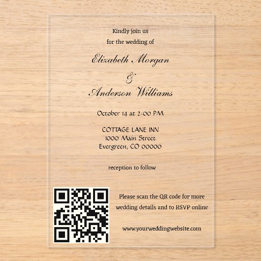 Moderne QR-code bruiloft Acryl Uitnodigingen (Voorkant)