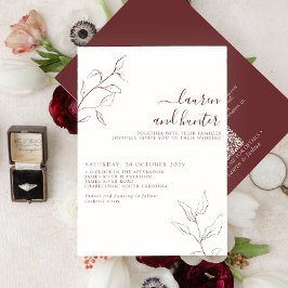 Moderne QR-code Burgundy Script Botanical Wedding Kaart