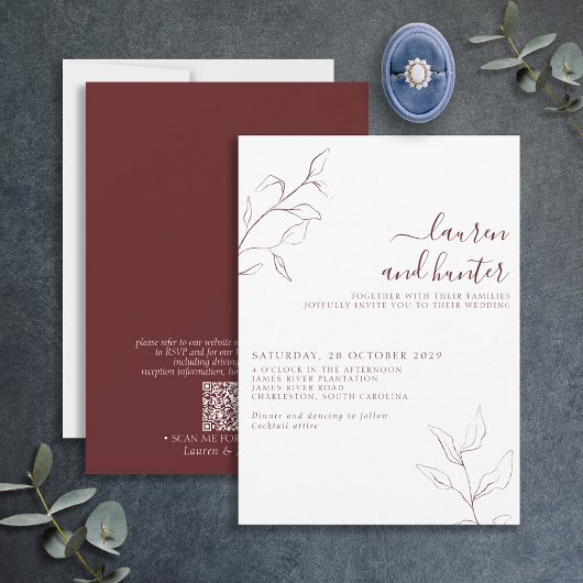 Moderne QR-code Burgundy Script Botanical Wedding Kaart