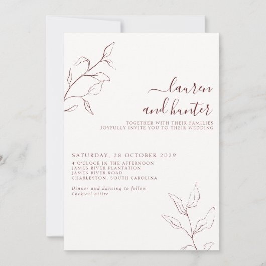 Moderne QR-code Burgundy Script Botanical Wedding Kaart (Voorkant)