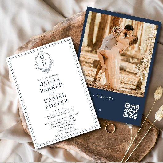 Moderne QR Code Crest Marine Blauwe Foto Huwelijk Kaart