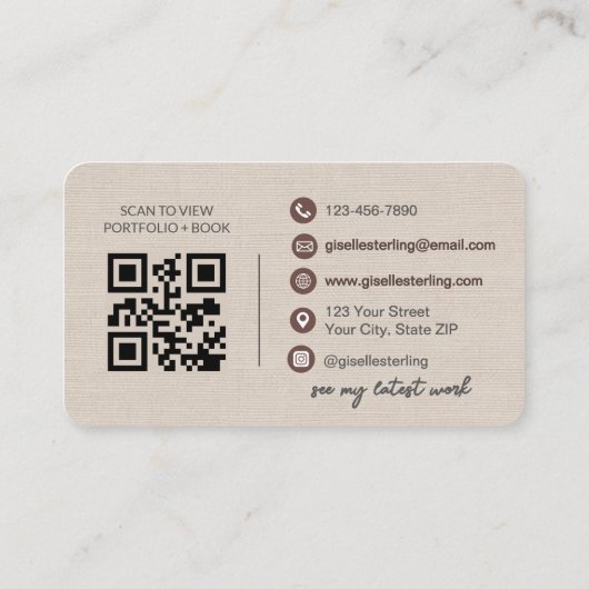 Moderne QR-code Elegante Linen Script Visitekaartje (Achterkant)