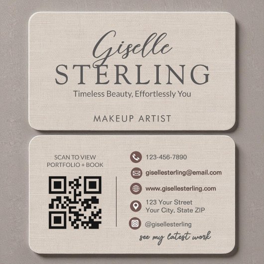 Moderne QR-code Elegante Linen Script Visitekaartje