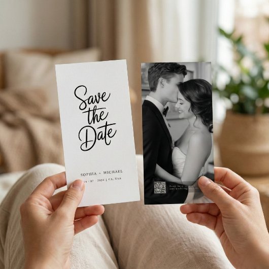 Moderne QR-code Elegante Script Foto Bruiloft Save The Date
