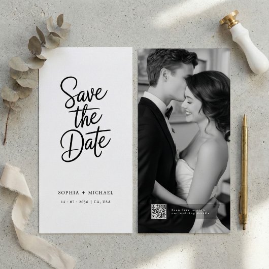 Moderne QR-code Elegante Script Foto Bruiloft Save The Date