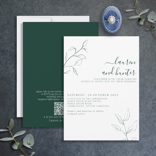 Moderne QR-code Emerald Green Botanical Wedding Kaart