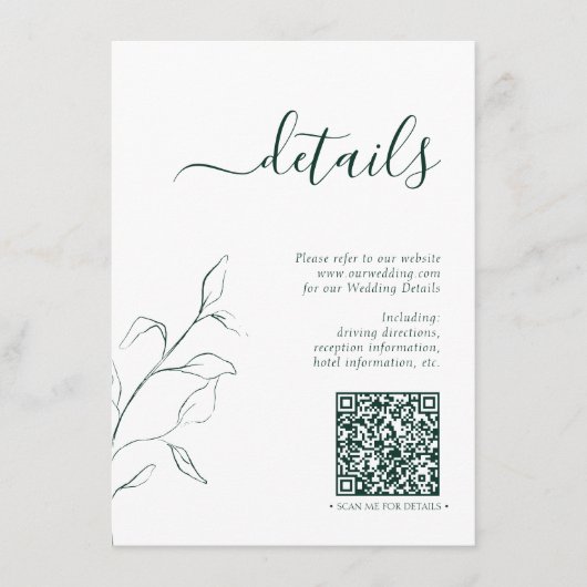 Moderne QR Code Emerald Green Wedding Details Informatiekaartje (Voorkant)
